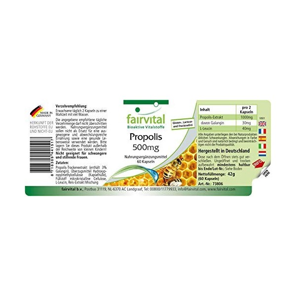 Fairvital | Propolis Extrait 500mg - 60 Capsules - 1000mg par dose journalière - normalisé à 3% de galangine - Propolis natur