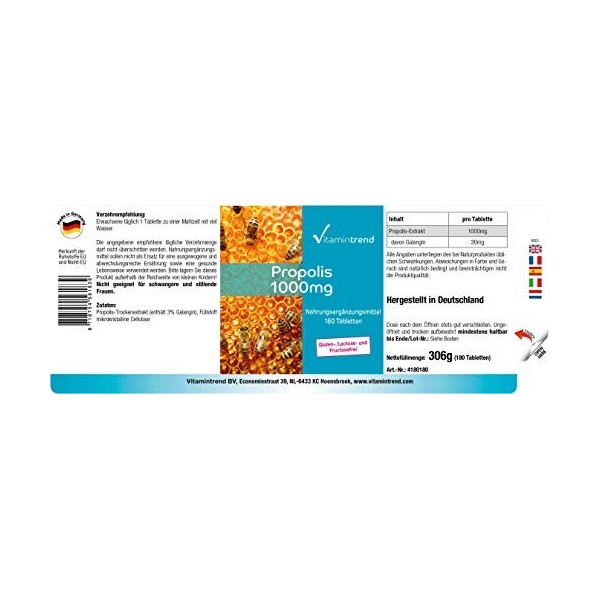 Propolis 1000mg - dosage élevé - 180 comprimés - vegan - 3% Galangine | Vitamintrend®
