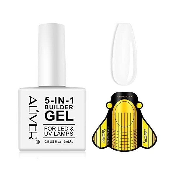 Gel Construction Ongle UV 5-En-1, Gel Builder De Renforcement 15ml , 20 PièCes Chablon Papier,Vernis à Ongles Ongles Forts, 