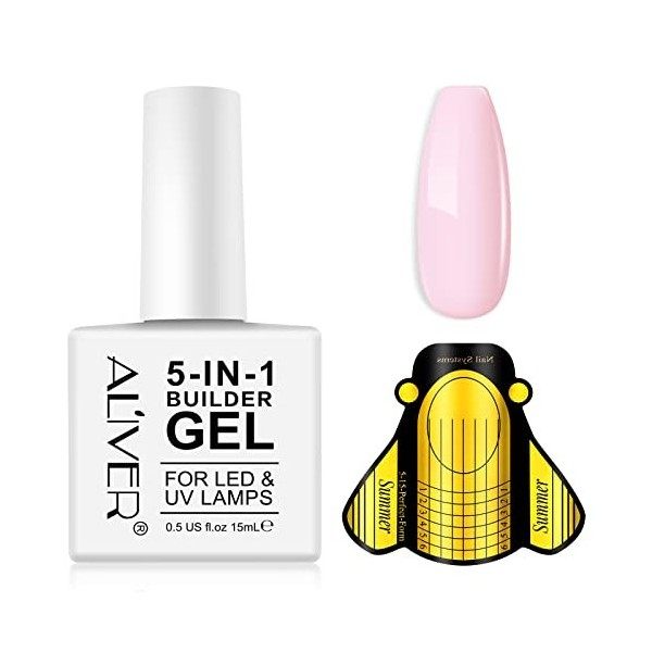 Gel Construction Ongle UV 5-En-1, Gel Builder De Renforcement 15ml , 20 PièCes Chablon Papier,Vernis à Ongles Ongles Forts, 