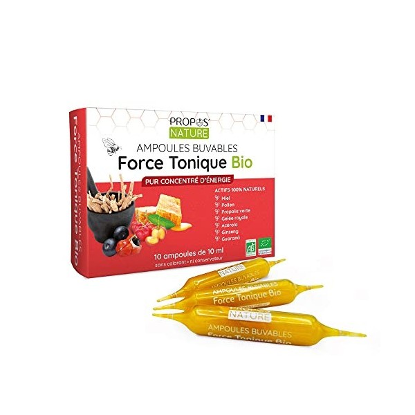 Force Tonique - 7 actis énergisant - Guarana, Ginseng, Acérola, Miel, Gelée Royale, Pollen, Propolis - 10 ampoules de 10 ml -