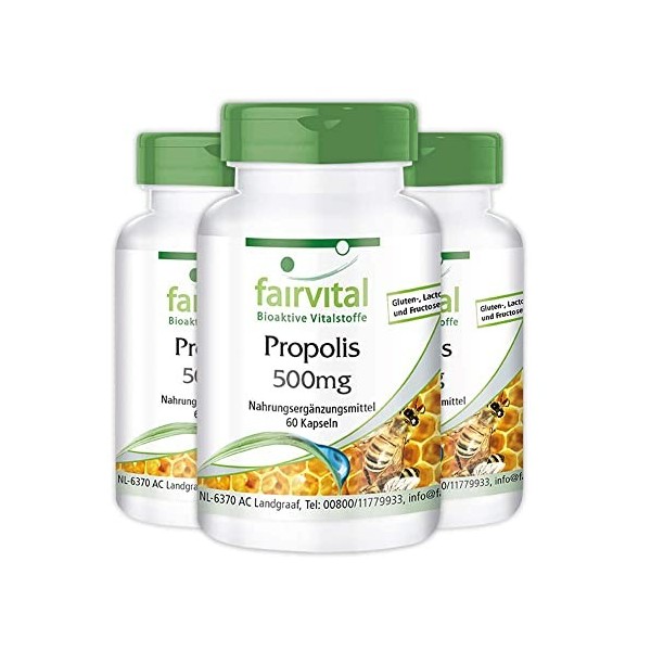 Fairvital | Propolis Extrait 500mg - 3 x 60 Capsules - normalisé à 3% de galangine - Propolis naturel