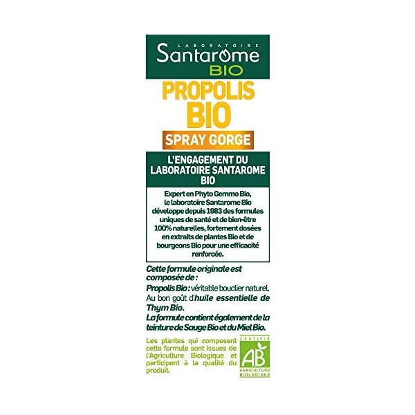 Santarome Bio - Spray Gorge Propolis Bio |Complément Alimentaire Immunité & Allergies Saisonnières| Purifie et Adoucit la Gor