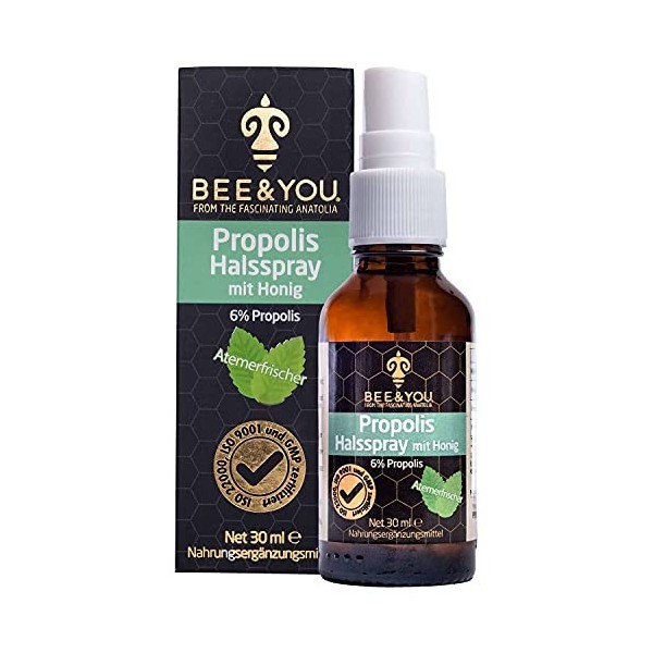 Bee & You Spray au Gorge au Miel Cru au Propolis 6% Ingrédients Naturellement Contrôlés, Commerce Equitable, Sans Additifs 