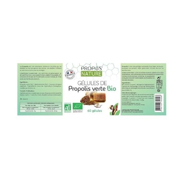 Gélules Végétale Propolis Verte Bio - enveloppe végétale - Dosées à 100mg/gélule - 120 gélules - Sans colorant ni conservateu