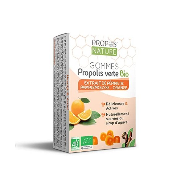 Gommes de Propolis Verte Bio - EPP & Orange - 45g - Maux de gorge - Certifié Agriculture biologique - Fabrication Française -
