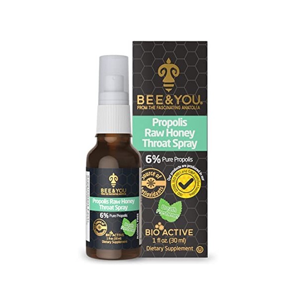 Bee and You Propolis Brut Miel Gorge Spray – Antioxydants pour soutien immunitaire naturel et soulagement de la gorge – Sans 