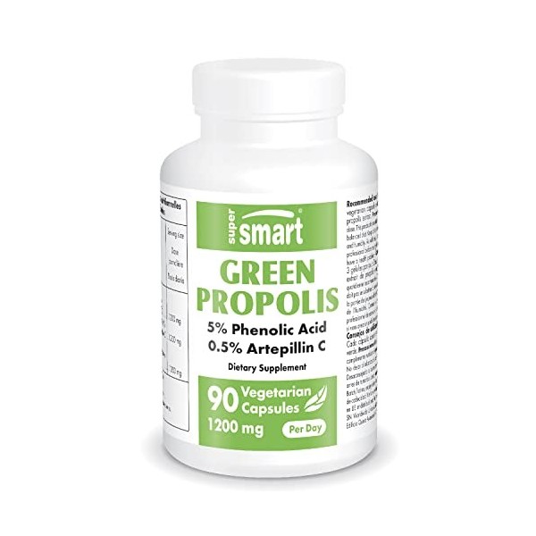 Supersmart - Green Propolis 1200 mg Par Jour - Extrait de Propolis Verte du Brésil Standardisé à 5% d’Acides Phénolique - Ant