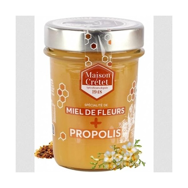 Maison Crétet | Miel de Fleurs et Propolis | Extrait dense de propolis | 1 Pot verre | préparation en pot de 250G