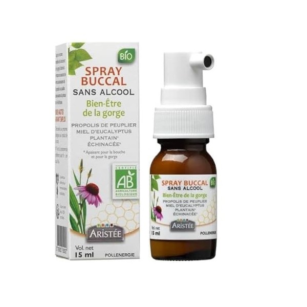 Spray buccal sans alcool Bio - Propolis, Miel dEucalyptus, Plantain, Echinacée - 15ml