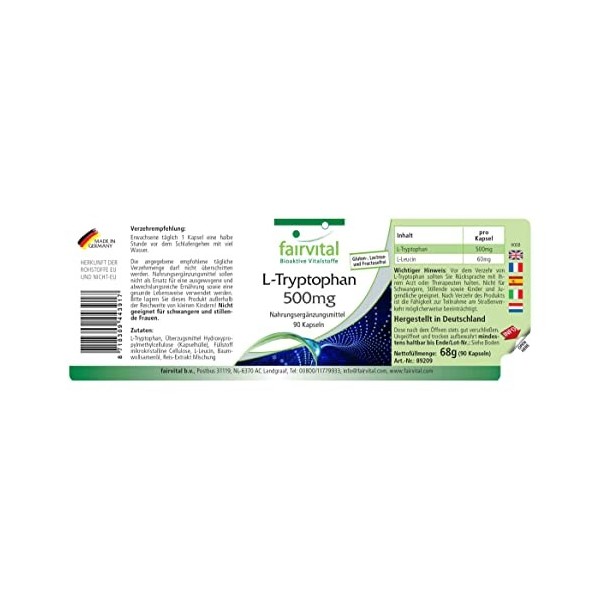 Fairvital | L-Tryptophane 500mg - VEGAN - Fortement dosé - 90 capsules - acide aminé essentiel