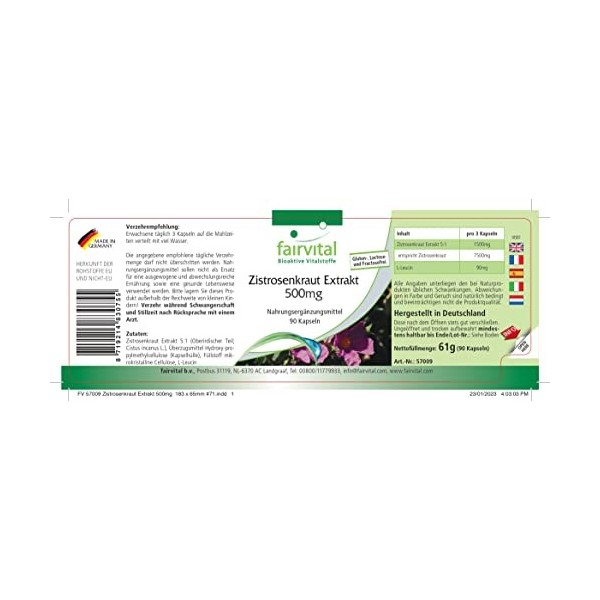 Fairvital | Extrait de ciste 500 mg - 90 gélules - Extrait de ciste concentré 5 fois - Source naturelle de polyphénols - 100%