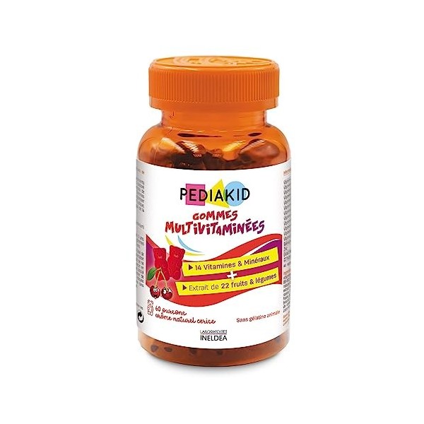 PEDIAKID - Gommes Multivitaminées - Formule Naturelle au Délicieux Arôme de Cerise - Contribue à la Réduction de la Fatigue -