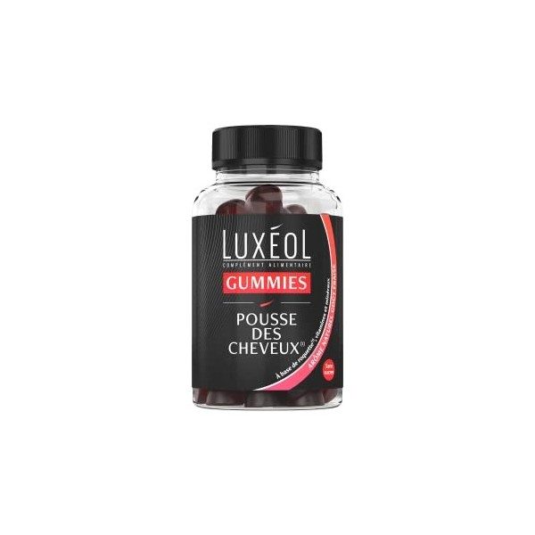 LUXÉOL - Gummies Pousse Cheveux - Complément Alimentaire - Stimulation Du Bulbe Capillaire - Arôme Naturel Goût Fraise - Sans