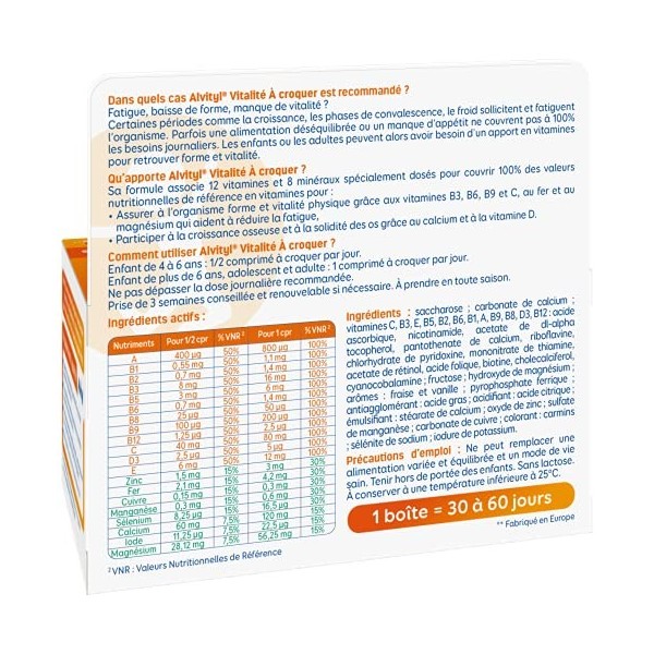 Alvityl - Comprimés à croquer Vitalité - 12 vitamines et 8 minéraux - Dès 4 ans - 30 comprimés