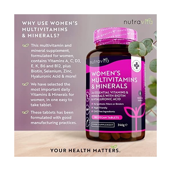 Multivitamines et minéraux pour femmes - 24 vitamines et minéraux actifs essentiels, y compris la biotine et lacide hyaluron