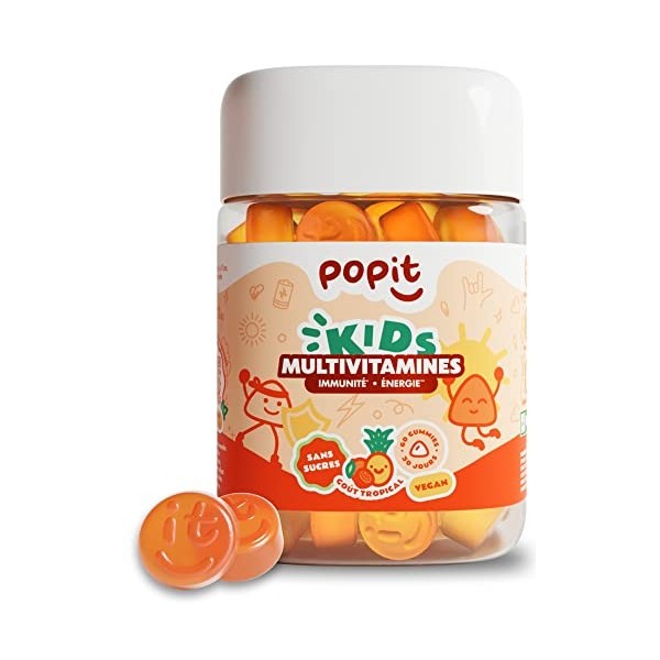 POP IT 60 Gummies Multivitamines Enfants dès 3 ans et Ados - Cure 1 Mois - Sans Sucres, Goût Tropical, Vegan - Vitamines Enfa