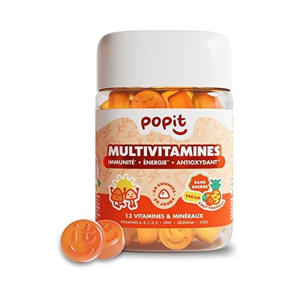 POP IT 60 Gummies Multivitamines Enfants dès 3 ans et Ados - Cure 1 Mois - Sans Sucres, Goût Tropical, Vegan - Vitamines Enfa