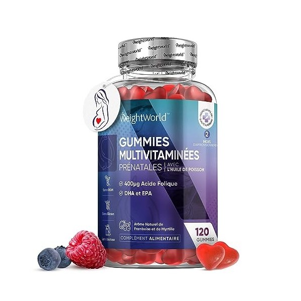 Gummies Vitamine Grossesse - 120 Gummies Avec Acide Folique 400μg, Huile de Poisson - EPA & DHA, Vitamine D, C,B6, B12, Arôme