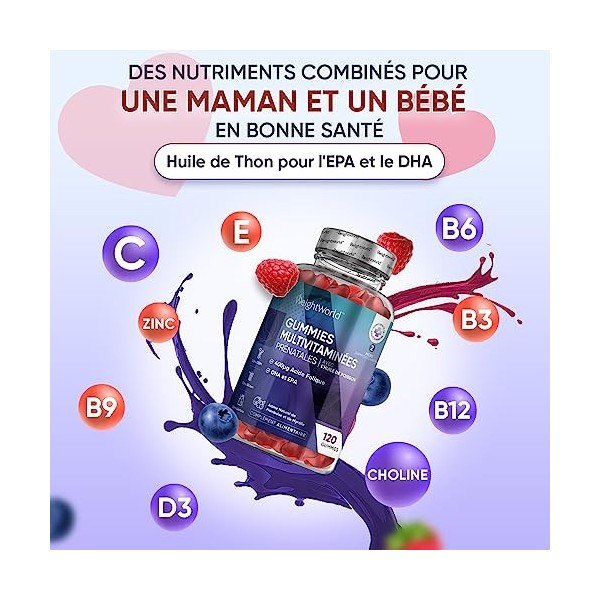 Gummies Vitamine Grossesse - 120 Gummies Avec Acide Folique 400μg, Huile de Poisson - EPA & DHA, Vitamine D, C,B6, B12, Arôme