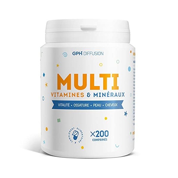 MultiVitamines et Minéraux - Vitamines du groupe B, A, D, E, C et minéraux - 200 comprimés - Vitalité, Ossature, Peau, Cheveu