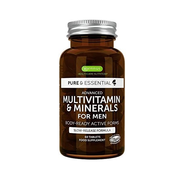 Pure & Essential Multivitamines & Minéraux pour hommes enrichis en Lycopène, Vitamine D, B6 et B12 méthylés pour lénergie, l