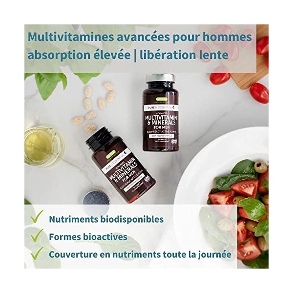 Pure & Essential Multivitamines & Minéraux pour hommes enrichis en Lycopène, Vitamine D, B6 et B12 méthylés pour lénergie, l