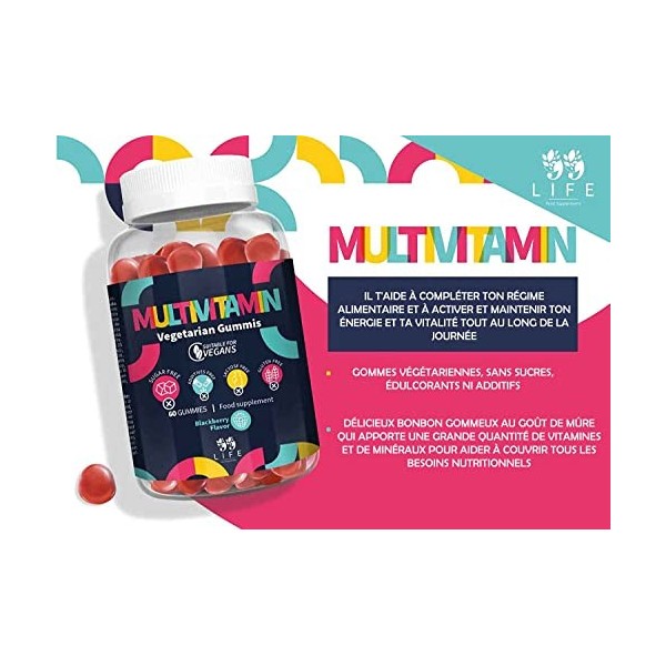 99 Life | Gummies Multivitamines et Minéraux pour Adultes | Véganes sans Sucre avec 11 Vitamines et Minéraux | Saveur de Fram