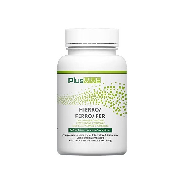 Plusvive - Lot de 240 capsules de fer et de vitamine C, enrichies en papaïne et spiruline pour une biodisponibilité améliorée