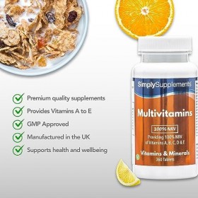 Multivitamines ABCD & E | Renforcé en Vitamine C | 360 Comprimés | Adapté aux Végétariens | Jusqu’à 1 an de bienfaits | Simpl