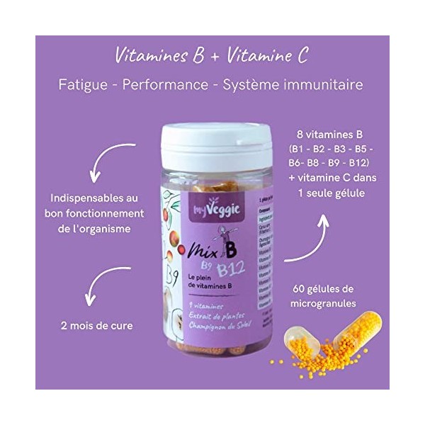 myVeggie - Mix B - 8 Vitamines B dont B12 & Vitamine C - Fatigue, Performance et Système Immunitaire - Extraits De Plantes,