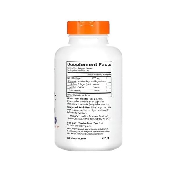 Doctors Best Acide hyaluronique + sulfate de chondroïtine avec collagène BioCell, 180 caps, soutien articulaire et soin de l