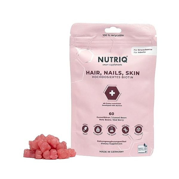 NUTRIQ Hair, Nails & Skin Gommes vitaminées - Vitamin Gummies avec biotine et zinc pour adultes - fortement dosé - 60 pièces 