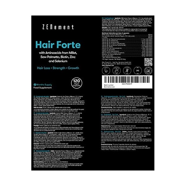 Hair Forte, Vitamines pour les cheveux | avec Acides Aminés Issus Millet, Palmier Floride, Biotine, Sélénium, Zinc, 120 Gélul