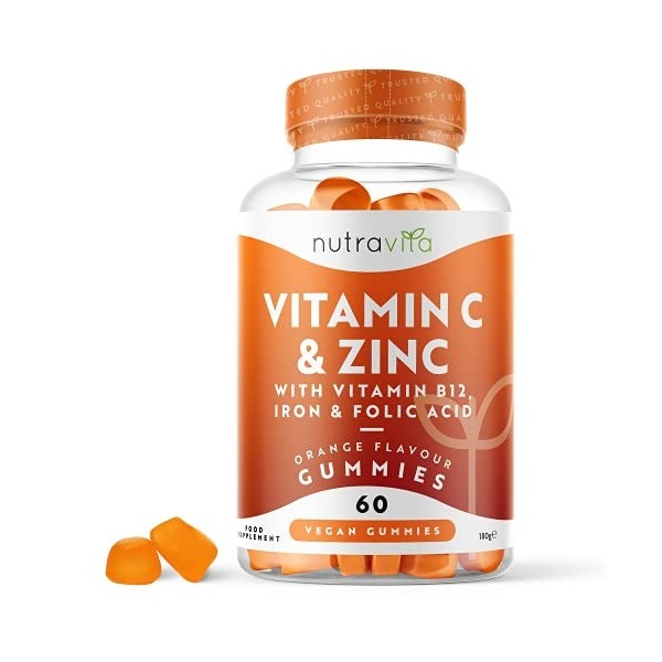 Gummies à la Vit C - 60 Bonbons gélifiés Multivitamines et Minéraux Vegan à mâcher enrichies de Zinc, de Vit B12, de Biotine,