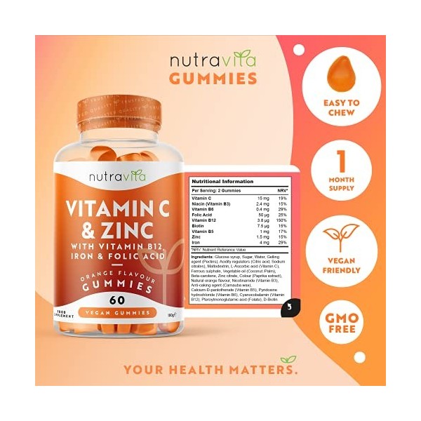 Gummies à la Vit C - 60 Bonbons gélifiés Multivitamines et Minéraux Vegan à mâcher enrichies de Zinc, de Vit B12, de Biotine,