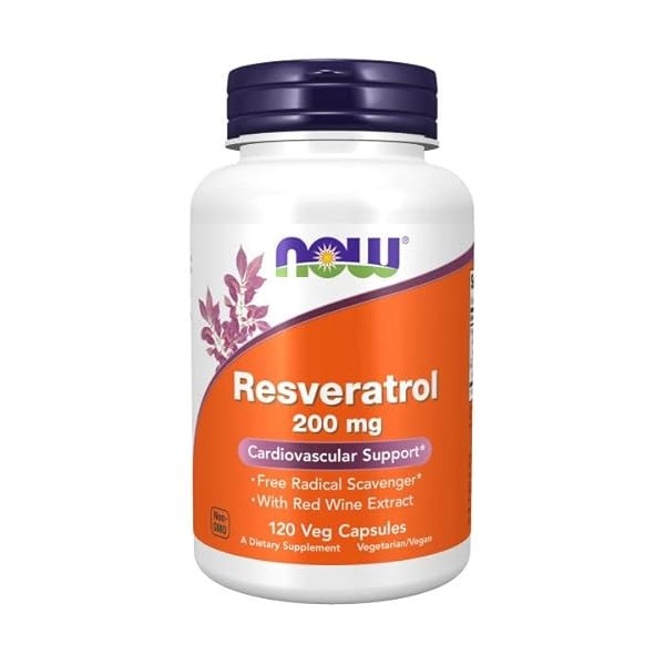 Now Foods, Resveratrol, 200mg, 120 Capsules végétaliennes, Testé en Laboratoire, Sans Soja, Sans Gluten, Végétarien, Sans OGM