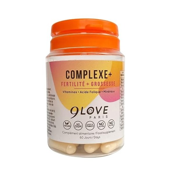 9LOVE - Acide Folique Vitamine B9 - Complément Grossesse, Conception et Fertilité - COMPLEXE+ 60 capsules - 13 Vitamines, Min