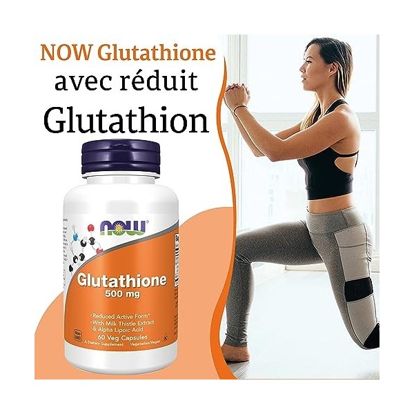 Now Foods, Glutathione, 500 mg, 60 Capsules végétales, Testé en Laboratoire, Hautement Dosé, Sans Gluten, Sans Soja, Végétari