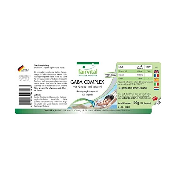 Fairvital | GABA COMPLEX - avec 1200mg dInositol, 400mg de Vitamine B3 & 200mg de GABA par dose journalière - 50 jours - VEG