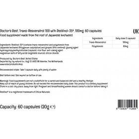 Doctors Best, Trans-Resveratrol 100 avec ResVinol, 100mg, 60 Gélules végétaliennes, Testé en Laboratoire, Sans Gluten, Sans 