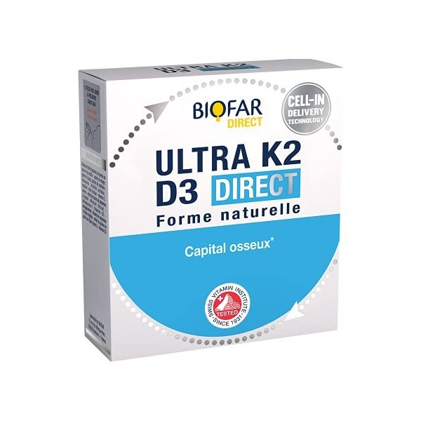 BIOFAR ULTRA K2 D3 DIRECT - Synergie des Vitamines K2 MK7 Forme Naturelle , D3 et C - Capital Osseux et Dentaire - Goût Frui