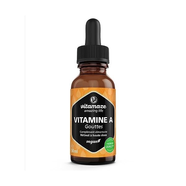 Vitamine A Gouttes 5000 UI par Dose Quotidienne, Rétinol Vegan à Forte Dose & Liquide, 50 ml 1700 Gouttes , Haute Biodisponi