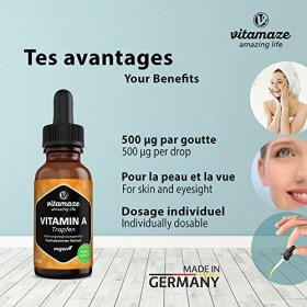 Vitamine A Gouttes 5000 UI par Dose Quotidienne, Rétinol Vegan à Forte Dose & Liquide, 50 ml 1700 Gouttes , Haute Biodisponi