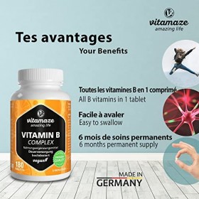 Vitamine B Complexe Fort avec Vitamine B1, B2, B3, B5, B6, B7 Biotine , B9 Acide Folique et B12 - Pour 6 Mois - Énergie et