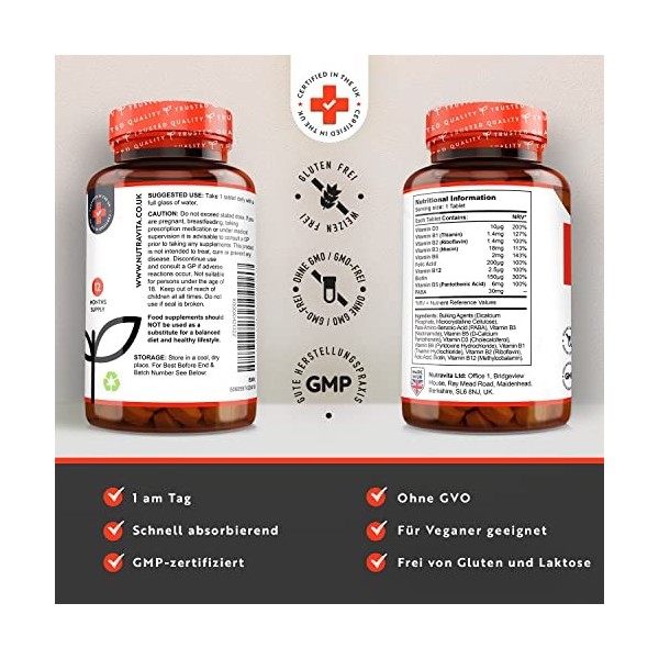 Vitamine B Complex Extra Fort avec Vitamine D - 365 Comprimés 1 an dApprovisionnement - Sans Gluten - 8 Vitamines B actives 