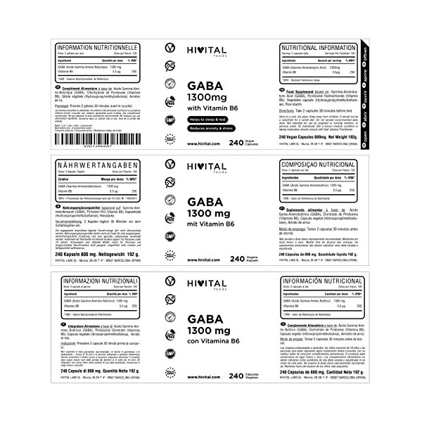 GABA 1300 mg avec Vitamine B6. 240 gélules végétaliennes pour 4 mois. Lacide Gamma Amino Butyrique avec la Vitamine B6 aide 