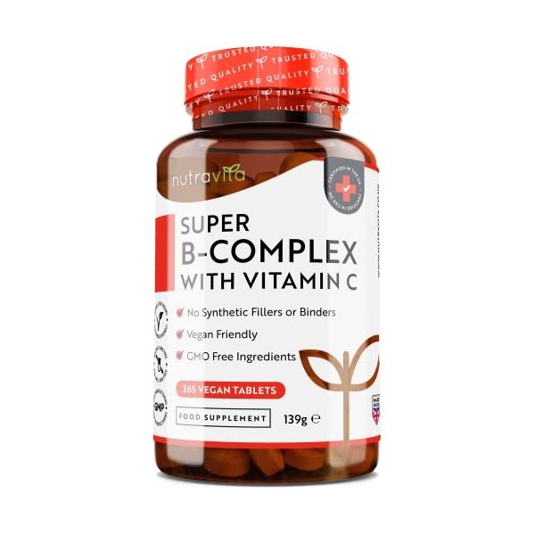 Complexe de vitamines B très puissant avec vitamine C - Super complexe de vitamines B 365 comprimés végétaliens - 8 vitamines