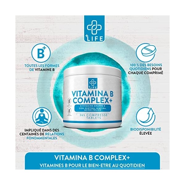 VITAMINE B COMPLEX à Haute Dose PiuLife® • 365 Comprimés Vitamine B6 B1 B2 B3 Niacine, B5, B7 Biotine, B9 Acide Folique et Vi