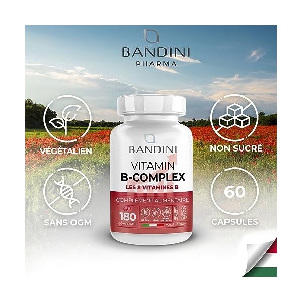 Bandini® Vitamin B Complex 180 comprimés - Vitamines B à dosage élevé - B1, B2, B3 niacine , B5, B6, B8 biotine , B9 acide